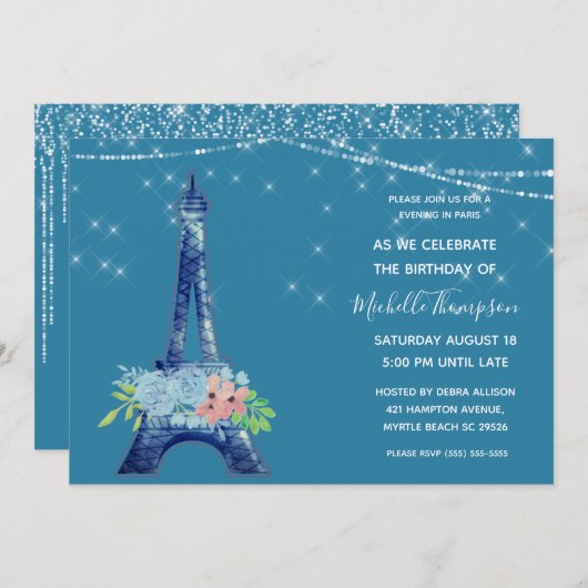 Navy Paris Eiffel Tower Glitter Floral Birthday Kaart (Voorkant / Achterkant)