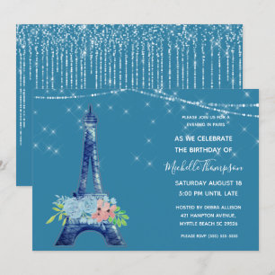 Navy Paris Eiffel Tower Glitter Floral Birthday Kaart