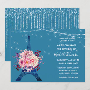 Navy Paris Eiffel Tower Glitter Floral Birthday Kaart