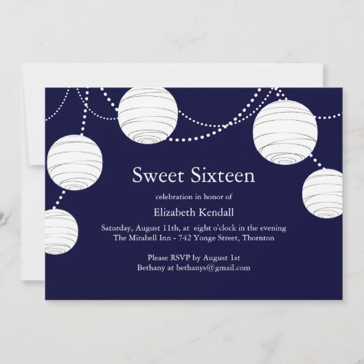 Navy Party Lantern Sweet 16 Invitation Kaart (Voorkant)