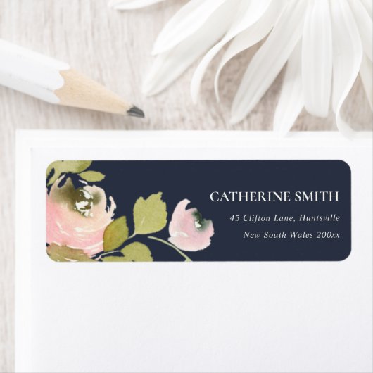 NAVY PASTEL BLUSH ROOS WATERVERF FLORAL ADRES ETIKET (Insitu)