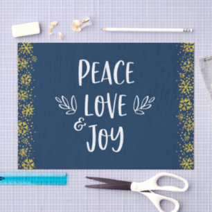 Navy Peace Love Joy Gold Sneeuwvlokken Typografie Tissuepapier