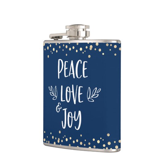 Navy Peace Love Joy Moderne Typografie Gouden Stip Heupfles (Links)