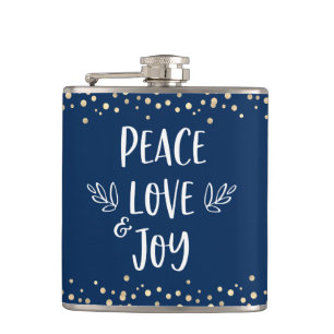 Navy Peace Love Joy Moderne Typografie Gouden Stip Heupfles