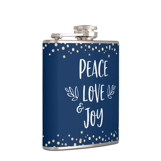 Navy Peace Love Joy Moderne Typografie Gouden Stip Heupfles (Rechts)