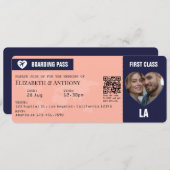 Navy & Peach Boarding Pass Wedding Kaart (Voorkant / Achterkant)