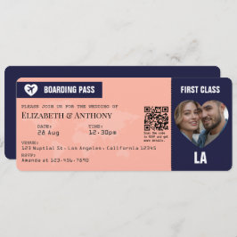Navy & Peach Boarding Pass Wedding Kaart
