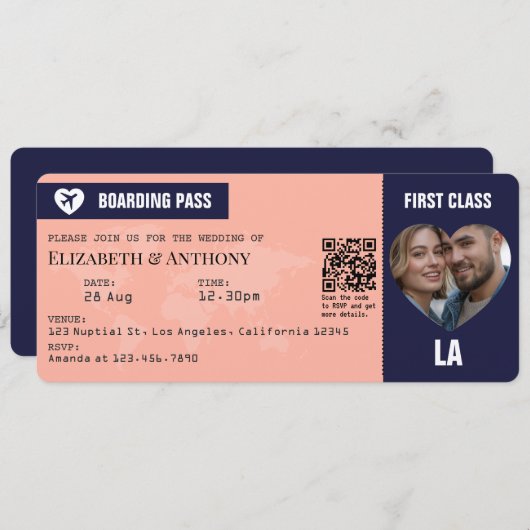 Navy & Peach Boarding Pass Wedding Kaart (Voorkant / Achterkant)