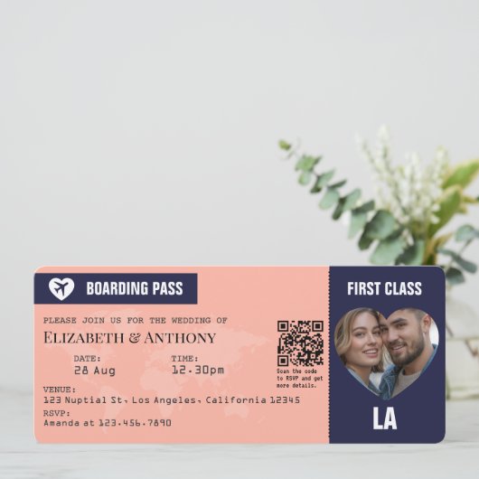 Navy & Peach Boarding Pass Wedding Kaart (Staand voorkant)