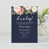Navy Peach Botanical Floral Baby shower Kaart (Staand voorkant)