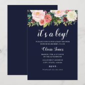 Navy Peach Botanical Floral Baby shower Kaart (Voorkant / Achterkant)