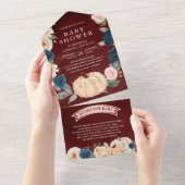Navy Peach Floral Pumpkin Burgundy Red Baby shower All In One Uitnodiging (Afscheurbaar)