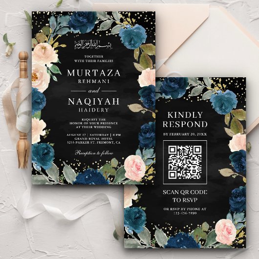 Navy Peach Floral QR Code Zwart Moslim Bruiloft Kaart