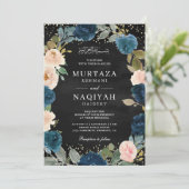 Navy Peach Floral QR Code Zwart Moslim Bruiloft Kaart (Staand voorkant)