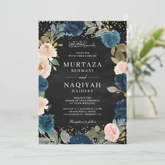 Navy Peach Floral QR Code Zwart Moslim Bruiloft Kaart (Staand voorkant)