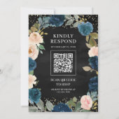 Navy Peach Floral QR Code Zwart Moslim Bruiloft Kaart (Achterkant)