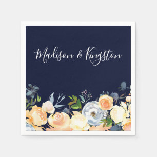 Navy & Peach Flowers Modern Floral Wedding Servetten