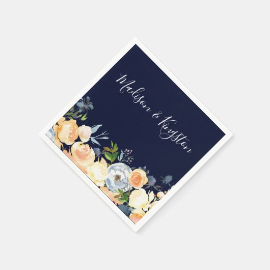 Navy & Peach Flowers Modern Floral Wedding Servetten (Hoek)