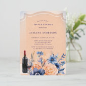 Navy Peach Geschilderd Bloemen Brunch & Bubbly Kaart (Staand voorkant)