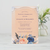Navy Peach Geschilderd Bloemen Huwelijksfeest Kaart (Staand voorkant)