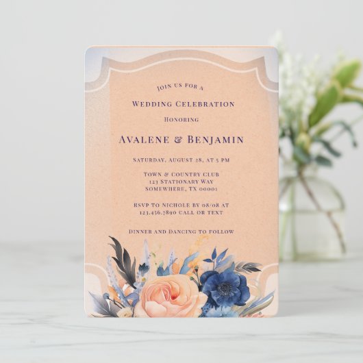 Navy Peach Geschilderd Bloemen Huwelijksfeest Kaart (Staand voorkant)