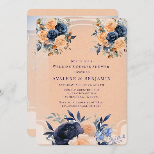 Navy Peach Geschilderde Bloemen Trouwkoppels Douch Kaart (Voorkant / Achterkant)