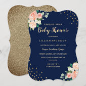 Navy Peach Gold Floral Confetti Baby shower Kaart (Voorkant / Achterkant)