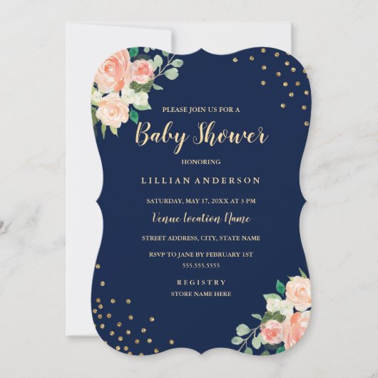 Navy Peach Gold Floral Confetti Baby shower Kaart (Voorkant)