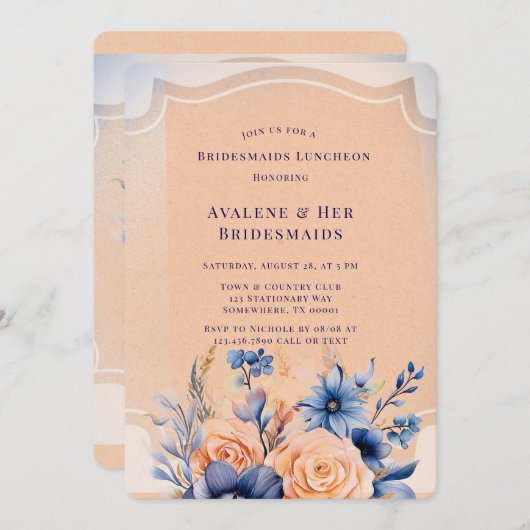 Navy Peach Painted Bloemen Bruidsmeisjes Luncheon Kaart (Voorkant / Achterkant)