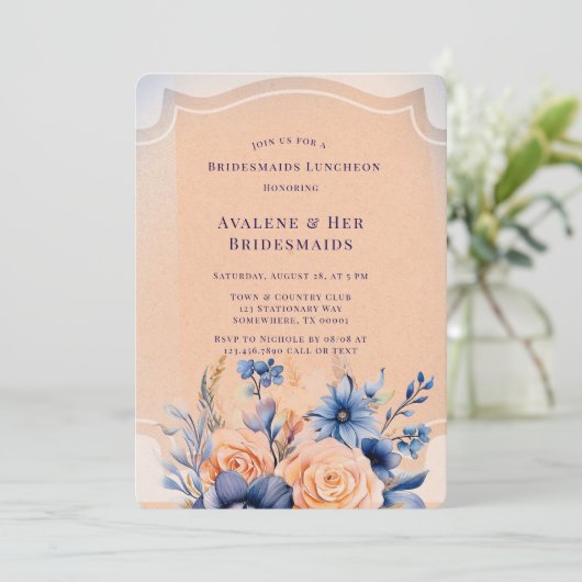 Navy Peach Painted Bloemen Bruidsmeisjes Luncheon Kaart (Staand voorkant)
