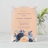 Navy Peach Painted Floral Bachelorette Party Kaart (Staand voorkant)