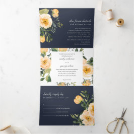 NAVY PEACH PEONY FLORAL WATERVERF WEDING DRIELUIK UITNODIGING