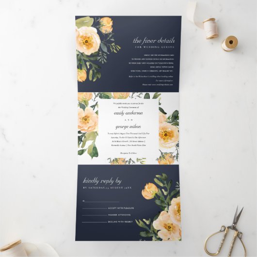 NAVY PEACH PEONY FLORAL WATERVERF WEDING DRIELUIK UITNODIGING (Binnen)