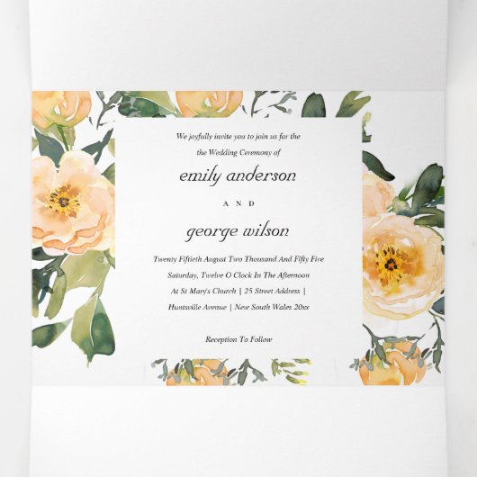 NAVY PEACH PEONY FLORAL WATERVERF WEDING DRIELUIK UITNODIGING (Binnenkant midden)