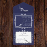 Navy Peacock bloeit in één uitnodiging<br><div class="desc">Nodig gasten uit voor je aanstaande bruiloft met een marinier Peacock Flourish All in One Wedding Invite. Nodig ontwerp uit kenmerkt een elegante pauw die met bloei met een geperforeerde reactiekaart wordt bewandeld. Personaliseer met de bruom en de namen van de bruid samen met de trouwdatum en de plaats. Extra...</div>