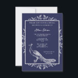 Navy Peacock Flourish Bridal Shower Kaart<br><div class="desc">Creëer een unieke uitnodiging aan iedereen met een Vlaamse marinebruddoucheuitnodiging. Het uitnodigingsontwerp kenmerkt een elegante pauw die met bloei wordt bewogen. Pas aan met de naam van de bruid samen met de details van het vrijgezellenfeest. Extra trouwbenodigdheden zijn ook beschikbaar bij dit ontwerp.</div>