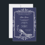 Navy Peacock Flourish Bridal Shower Kaart<br><div class="desc">Creëer een unieke uitnodiging aan iedereen met een Vlaamse marinebruddoucheuitnodiging. Het uitnodigingsontwerp kenmerkt een elegante pauw die met bloei wordt bewogen. Pas aan met de naam van de bruid samen met de details van het vrijgezellenfeest. Extra trouwbenodigdheden zijn ook beschikbaar bij dit ontwerp.</div>