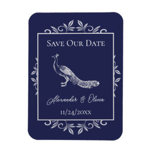 Navy Peacock Flourish Save the Date Magnet Magneet
