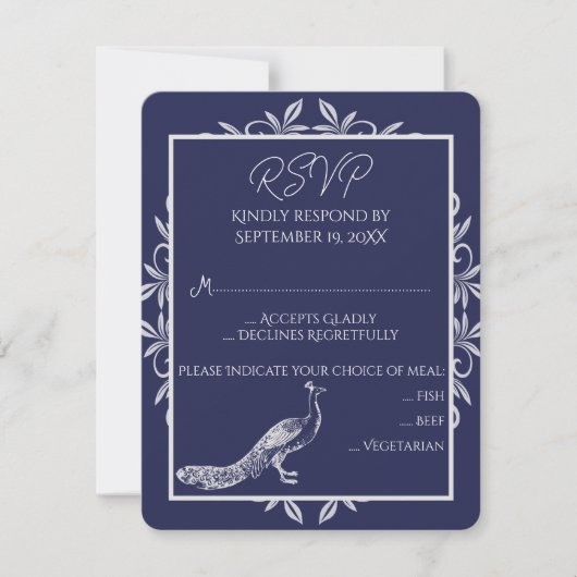 Navy Peacock Flourish Wedding RSVP-kaart RSVP Kaartje (Voorkant)