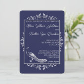 Navy Peacock Vlourish Wedding Invitation Kaart (Staand voorkant)