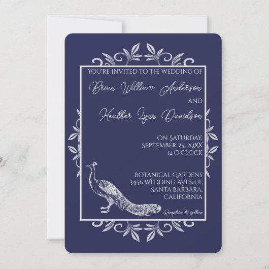 Navy Peacock Vlourish Wedding Invitation Kaart (Voorkant)