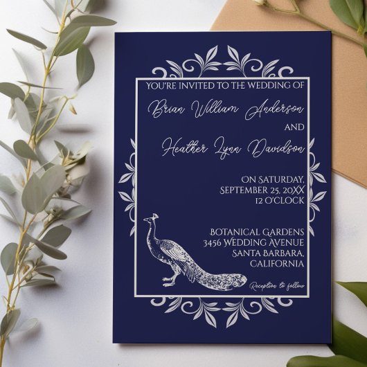 Navy Peacock Vlourish Wedding Invitation Kaart