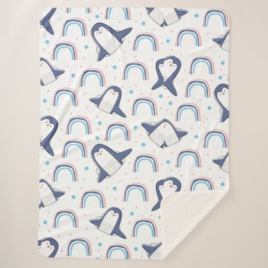 Navy Penguins en Rainbows met Pastel Blue-Stippen Sherpa Deken (Voorkant)