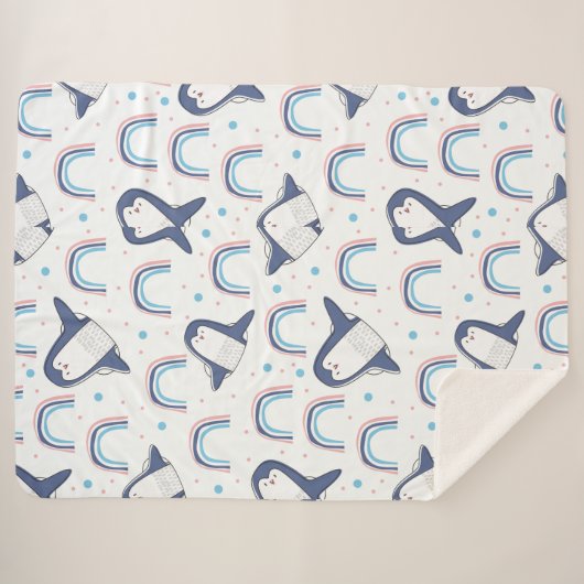 Navy Penguins en Rainbows met Pastel Blue-Stippen Sherpa Deken (Voorkant (horizontaal))