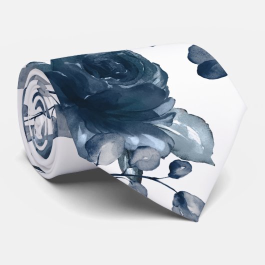 Navy Peonies Dusty Blue Greenery Wedding Stropdas (Opgerold)