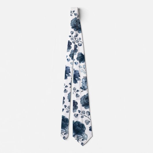 Navy Peonies Dusty Blue Greenery Wedding Stropdas (Achterkant)