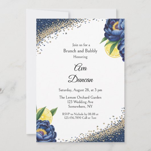Navy Peony Citrus Geschilderd Bloemen Brunch & Bub Kaart (Voorkant)