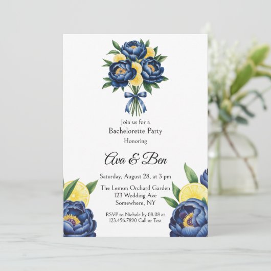 Navy Peony Citrus Paint Floral Bachelorette Party Kaart (Staand voorkant)