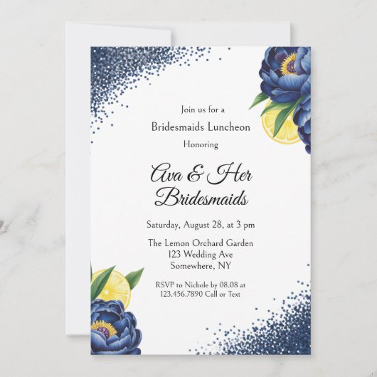 Navy Peony Citrus Paint Floral Bruidsmeisje Lunche Kaart (Voorkant)