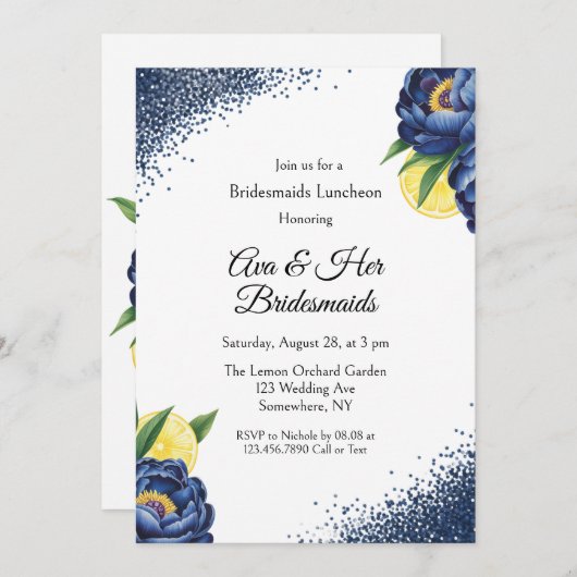 Navy Peony Citrus Paint Floral Bruidsmeisje Lunche Kaart (Voorkant / Achterkant)